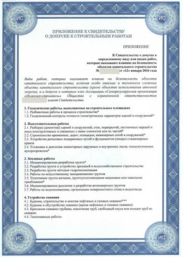 Приложение к свидетельству о допуске к строительным работам Кировский СРО в строительстве